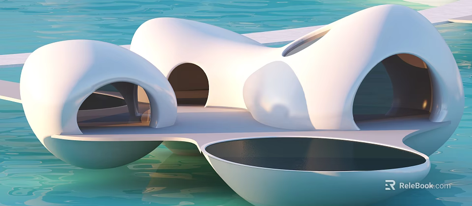 Sleek White Curved Overwater Hotel Building With Arched Structures And Water Reflections 3d model 