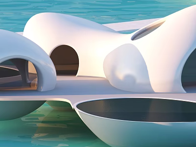 Sleek White Curved Overwater Hotel Building With Arched Structures And Water Reflections 3d model