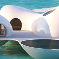 Sleek White Curved Overwater Hotel Building With Arched Structures And Water Reflections