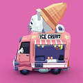 Pink Ice Cream Truck With Cone And Cartoon Cat On Top And Love Milk Design