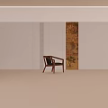 Elegant Wooden Frame Leisure Chair with Dark Cushion and Vertical Striped Wall Decorative Painting