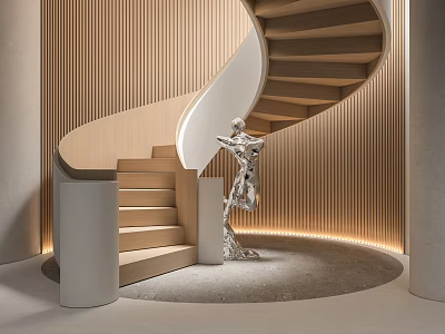 Modern Spiral Staircase Design With Wooden Steps Metal Sculpture And Ambient Lighting 3d model