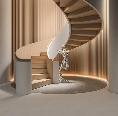 Modern Spiral Staircase Design With Wooden Steps Metal Sculpture And Ambient Lighting 3d model