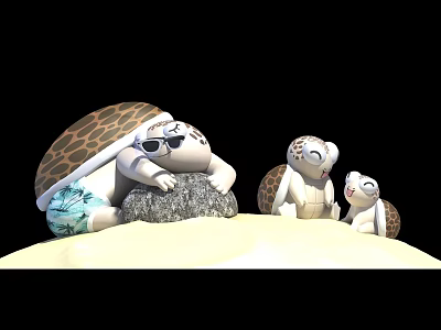 Three Adorable Reptile Turtles With Large One Wearing Sunglasses On Sand 3d model
