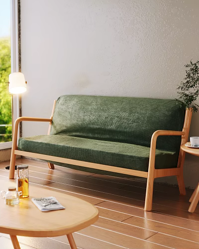 Green Multi Seat Sofa With Wooden Armrests And Textured Cover By Window With Floor Lamp And Side Table 3d model