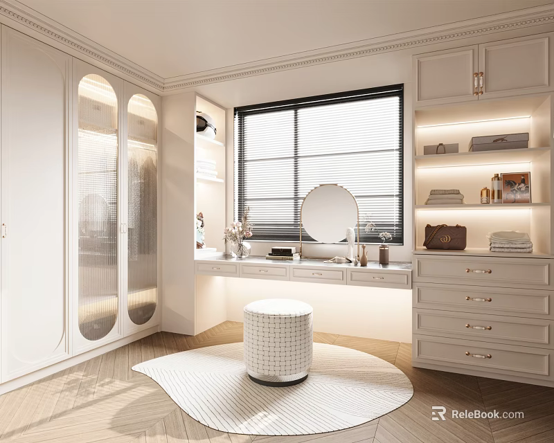Elegant Walk in Closet With White Cabinets Vanity Stool And Window 3d model