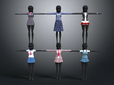 Fashion Models In Different Colored School Uniforms Standing With Arms Outstretched In Grid Formation 3d model