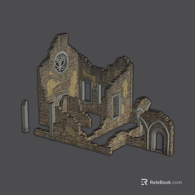 Cartoon Scene of Ruined Brick Building with Arched Doors and Rose Window 3d model 