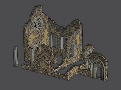 Cartoon Scene of Ruined Brick Building with Arched Doors and Rose Window 3d model