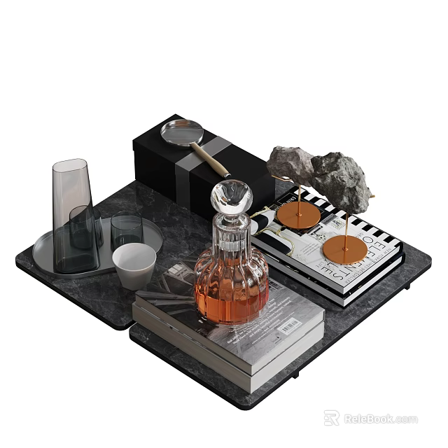 Elegant Decorative Ornament Set With Marble Tray Perfume Bottle Candle Stacked Books And Glassware 3d model 