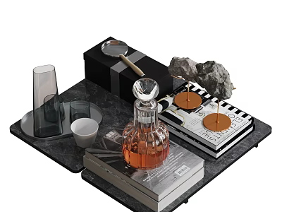 Elegant Decorative Ornament Set With Marble Tray Perfume Bottle Candle Stacked Books And Glassware 3d model