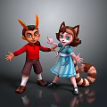 3D Cartoon Characters With Boy Red Shirt Girl Cat Ears Striped Tail Blue Dress