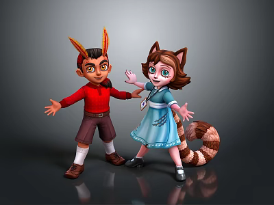 3D Cartoon Characters With Boy Red Shirt Girl Cat Ears Striped Tail Blue Dress 3d model