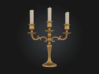 Golden Candelabra With Three White Candles And Classic Design Base 3d model