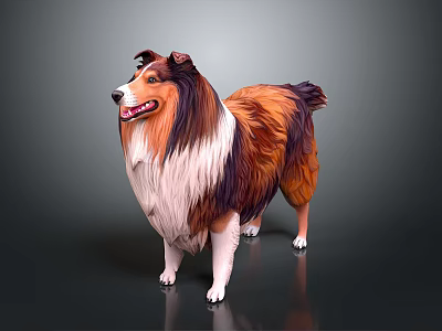 Brown and White Collie Dog with Long Hair Standing on Dark Background 3d model