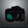 Professional Digital Camera With Black Body And Green Lens Reflection