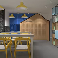 School Classroom With Yellow Chairs White Long Tables Blackboard Math Formulas Blue Maker Area