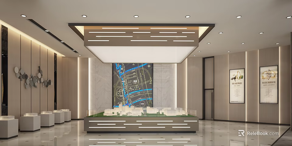 Sales Office Interior Featuring Architectural Model Large Map And Modern Lighting 3d model