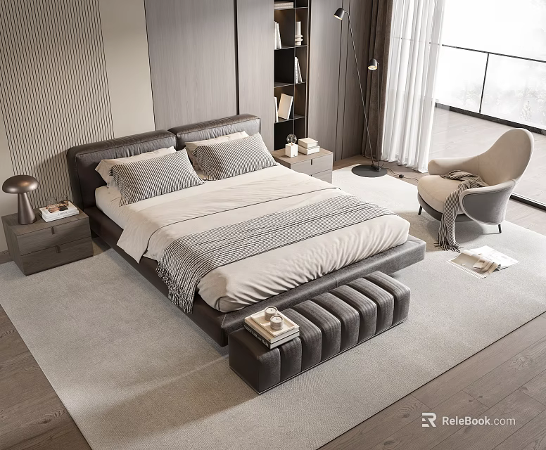 Modern Style Double Bed with Headboard Bed Bench and Nightstand Table Lamp Armchair 3d model 