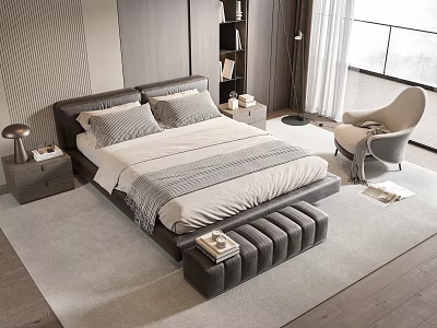 Modern Style Double Bed with Headboard Bed Bench and Nightstand Table Lamp Armchair 3d model