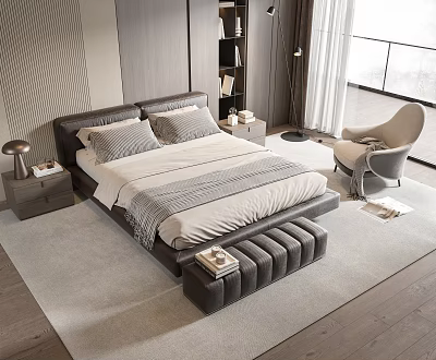 Modern Style Double Bed with Headboard Bed Bench and Nightstand Table Lamp Armchair 3d model