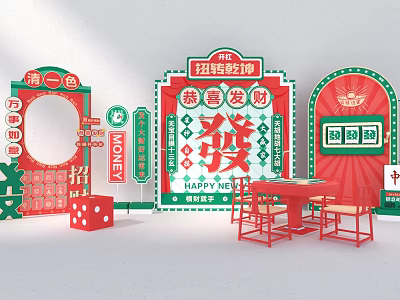 Traditional Chinese New Year Decoration With Gong Xi Fa Cai Signs Red Dice And Tables 3d model