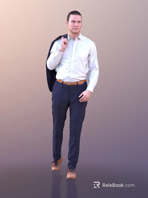 Business Casual Man In White Shirt And Dark Blue Pants Holding Suit Jacket 3d model 