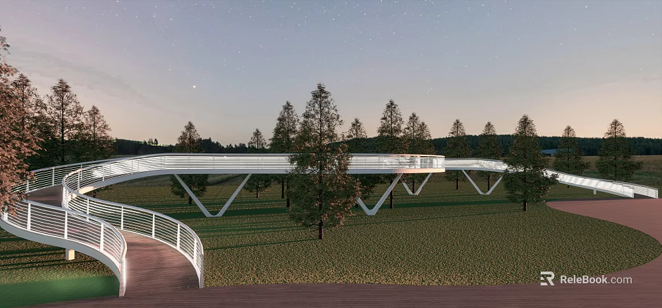 Modern Landscape Bridge With White Structure In Green Park And Starry Sky 3d model 