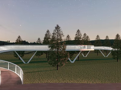 Modern Landscape Bridge With White Structure In Green Park And Starry Sky 3d model