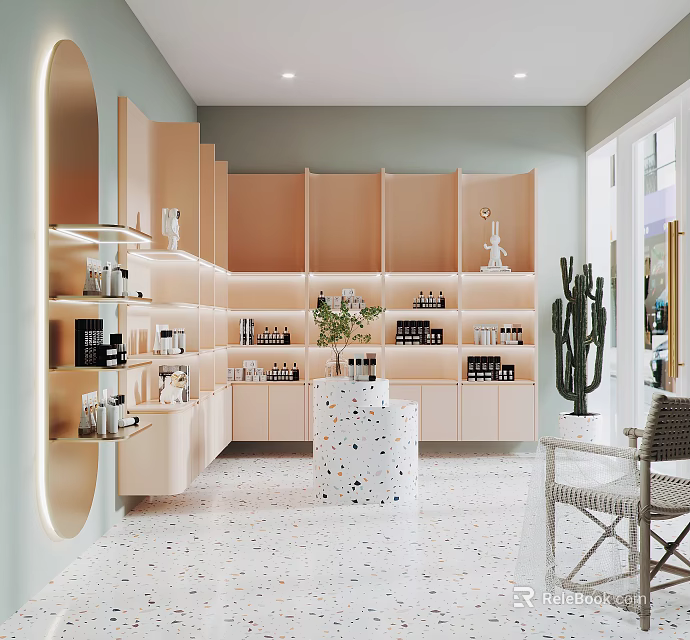 Modern Boutique Store With Light Display Cabinets Polka Dot Round Table Cactus And Wicker Chair 3d model 