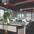 Modern Public Office Space With Workstations Laptops Green Plants World Map And Lighting 3d model