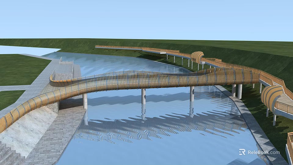 Modern Woven Curved Bridge Over Water With Green Landscape And Pathway 3d model 