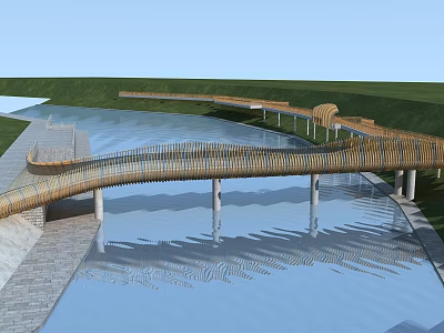Modern Woven Curved Bridge Over Water With Green Landscape And Pathway 3d model