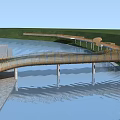 Modern Woven Curved Bridge Over Water With Green Landscape And Pathway