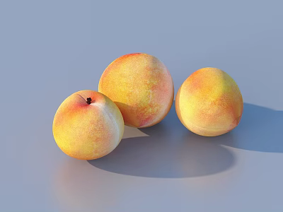 Three Fresh Ripe Peaches With Juicy Orange Yellow Skin On Gray Background 3d model