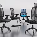Ergonomic Mesh Office Chairs In Black And Blue With Adjustable Backrest And Wheels 3d model