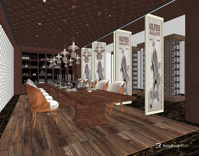 Private Room Interior With Long Dining Table Chairs Chandeliers Wine Racks And Decorative Panels 3d model 