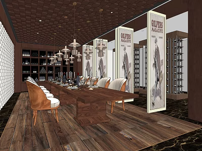 Private Room Interior With Long Dining Table Chairs Chandeliers Wine Racks And Decorative Panels 3d model