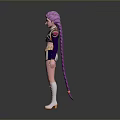 Stylish Woman with Purple Hair Wearing Purple Top Silver Shorts White Boots and Fringe Details