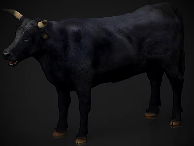 Black Bull With Curved Horns Standing In Full Body View On Dark Background 3d model