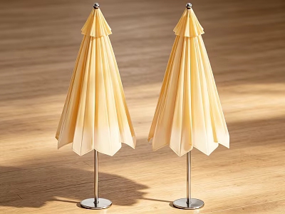Public Outdoor Umbrellas With Two Yellow Canopies And Silver Stands On Wooden Floor 3d model