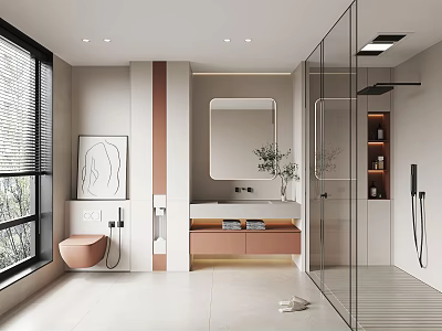 Modern Minimalist Bathroom Interior With Large Mirror Shower Enclosure Pink Toilet And Wooden Vanity 3d model