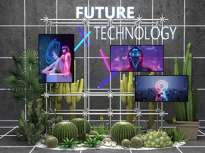 Future Technology Themed Display With Digital Screens And Cacti Green Plants 3d model
