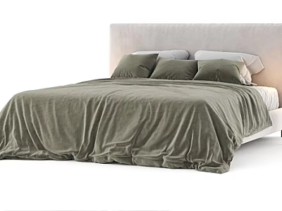 Modern Double Bed With Olive Green Velvet Bedspread Soft Pillows And Stylish Headboard 3d model