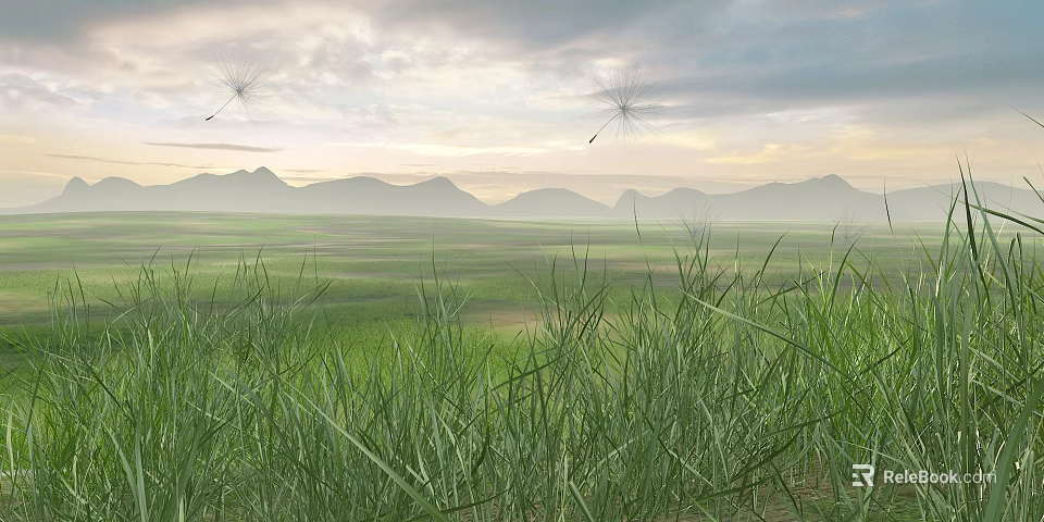 Lush Green Grassland With Dandelion Seeds Drifting Over Mountainous Landscape Sky 3d model 