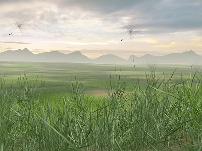 Lush Green Grassland With Dandelion Seeds Drifting Over Mountainous Landscape Sky 3d model