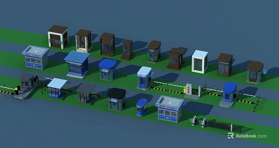Various Colored Small Building Structures With Different Designs And Gates 3d model 