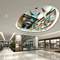 Spacious Shopping Mall Lobby With Colorful Ceiling Decor Mannequins Clothing Displays And Green Plant Wall