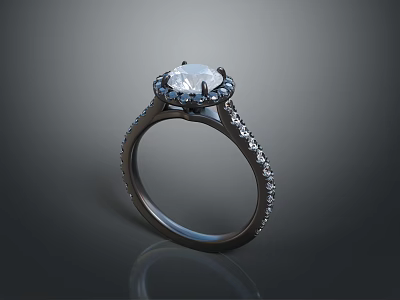 Elegant Black Ring With Large Center Diamond And Small Diamonds Band 3d model