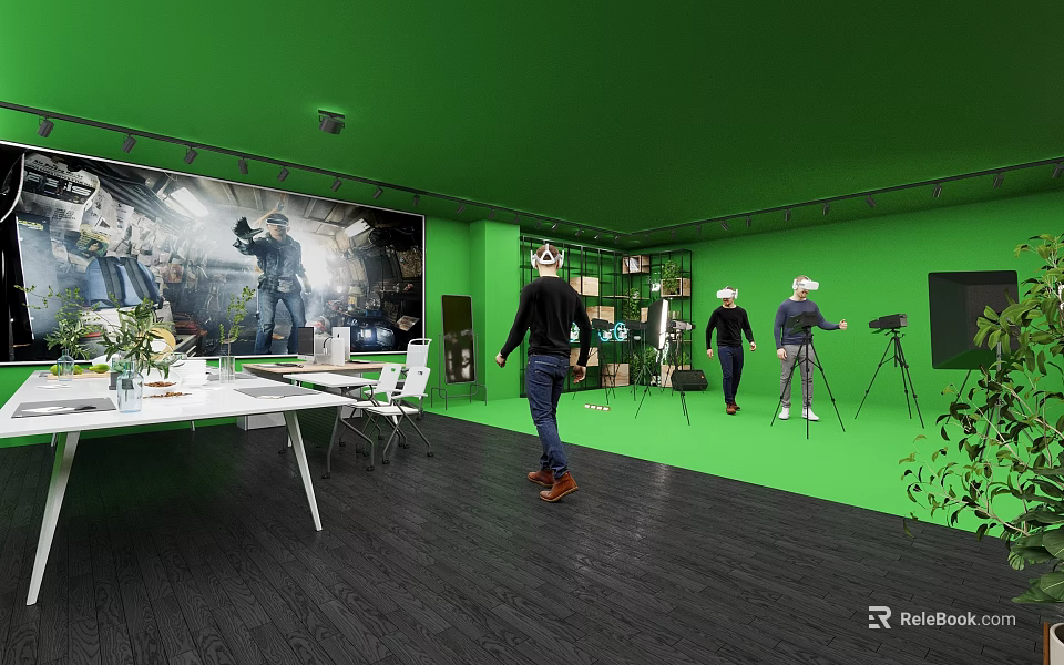 Green Public Office Space With Modern Tables People VR Headsets Plants And Tripod 3d model 